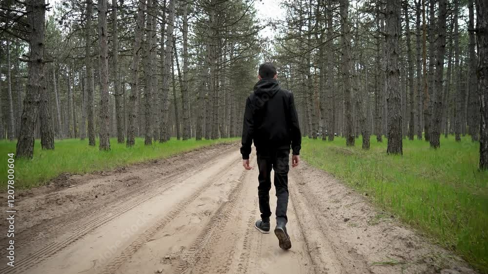 Teenager strolls along sandy forest path in spring. Adolescent boy walks casually on sandy woodland road. Young male takes walk on sandy forest trail in springtime Teenager strolls along sandy forest path in spring. Adolescent boy walks casually on sandy woodland road. Young male takes walk on sandy forest trail in springtime
