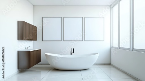 A minimalist bathroom interior featuring sleek brown cabinets, a pristine white bathtub, and blank posters adorning the walls. photo