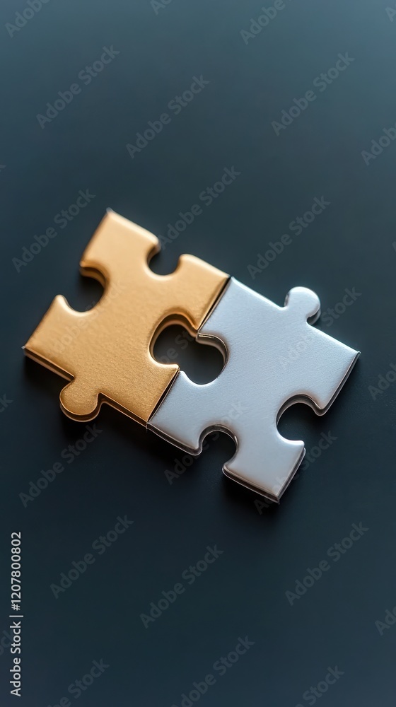 Obraz premium Two Unique Puzzle Pieces in Gold and Silver Colors on a Dark Background Representing Unity, Collaboration, and Problem Solving Concepts in Creative Projects