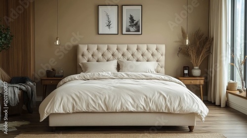 Modern bedroom design showcasing warm lighting and natural elements for a ser...