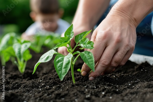 Close-up of hands gently planting seeds in rich dark soil, illustrating the beauty of nurturing life and the intimate connection between humans and nature. photo