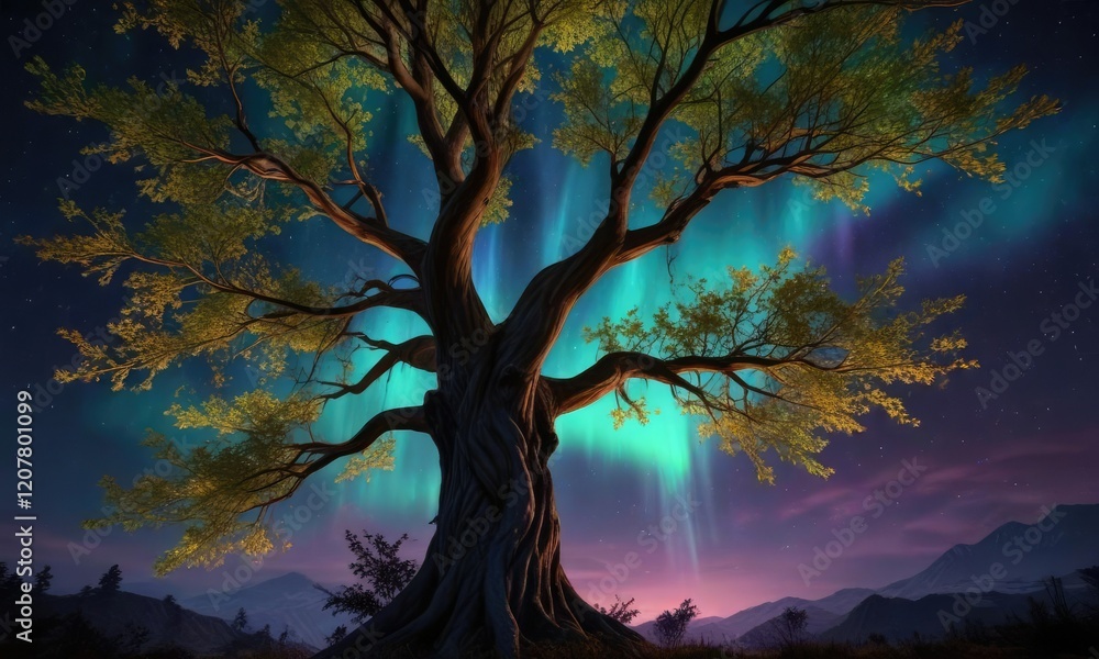 Aurora borealis lights shining through the branches of a tree, snowy forest, natural light, tree branches Aurora borealis lights shining through the branches of a tree, snowy forest, natural light, tree branches