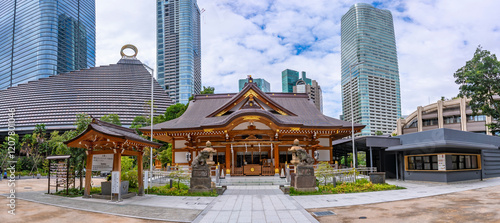 View of Nishikubo Hachiman Shinto Shrine and high rise buildings, 5 Chome, Toranomon, Minato City, Tokyo, Honshu, Japan photo