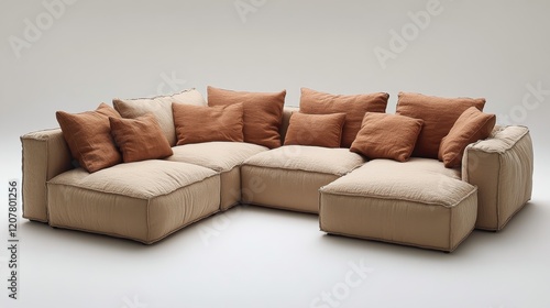 Modern sectional sofa with colorful cushions in minimalist interior setting