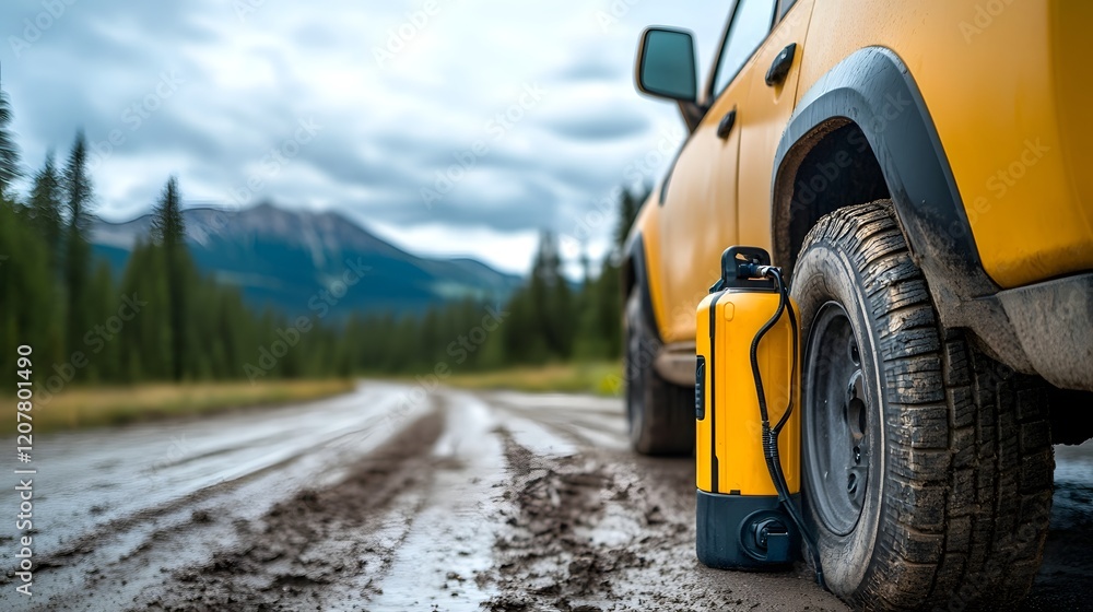 Portable Air Compressor Inflating Tire on Rugged Mountain Road Portable Air Compressor Inflating Tire on Rugged Mountain Road