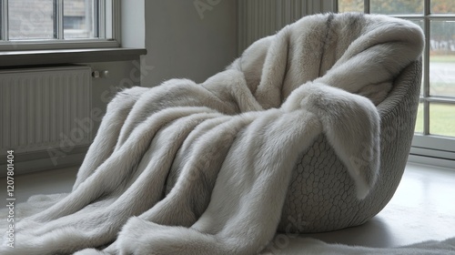 Cozy modern chair with soft blanket in a bright, minimalist room during the day