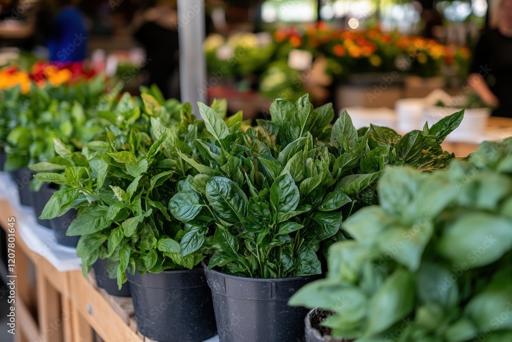 An up-close view of lush basil plants in black pots showcased for sale at a market, radiating freshness and inviting customers to embrace garden-to-table cooking. An up-close view of lush basil plants in black pots showcased for sale at a market, radiating freshness and inviting customers to embrace garden-to-table cooking.