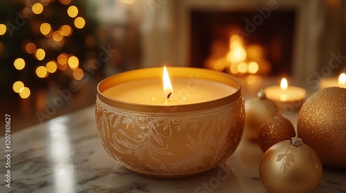 Warm candlelight illuminates cozy room with festive decorations and glowing f...