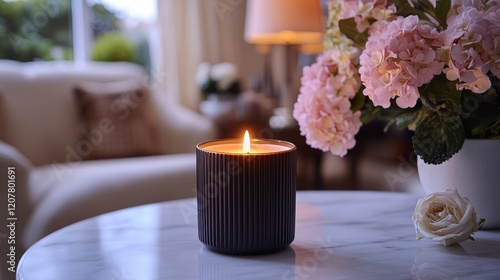 Warm candlelight illuminates cozy room with festive decorations and glowing f...