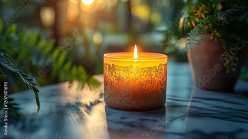 Warm candlelight illuminates cozy room with festive decorations and glowing f...