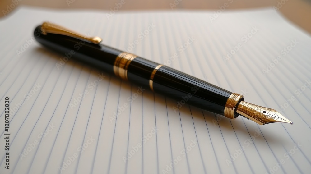 Elegant fountain pen resting on paper with blue ink strokes created during writing process Elegant fountain pen resting on paper with blue ink strokes created during writing process