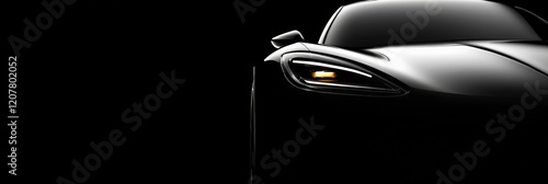 Stylish, modern sports car emerging from the shadows with its headlights illuminating the dark surroundings, creating a sense of mystery and power photo