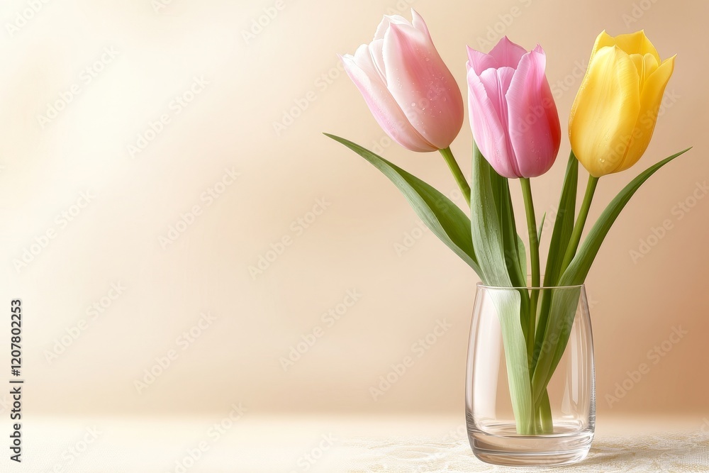 Tres tulipanes delicados en un jarrón de vidrio sobre una superficie clara y suave en un ambiente iluminado Tres tulipanes delicados en un jarrón de vidrio sobre una superficie clara y suave en un ambiente iluminado