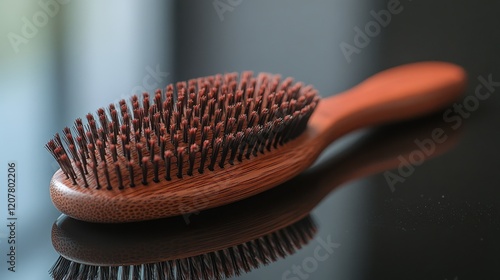 Wooden hairbrush with bristles resting on a reflective surface in a serene se...