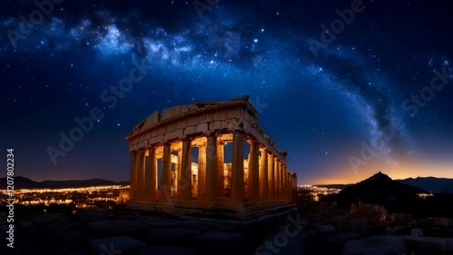 Night view of ancient Greek temple under starry sky.