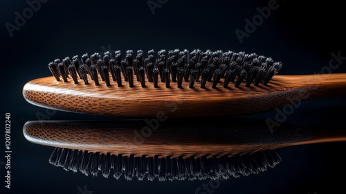 Wooden hairbrush with bristles resting on a reflective surface in a serene se...