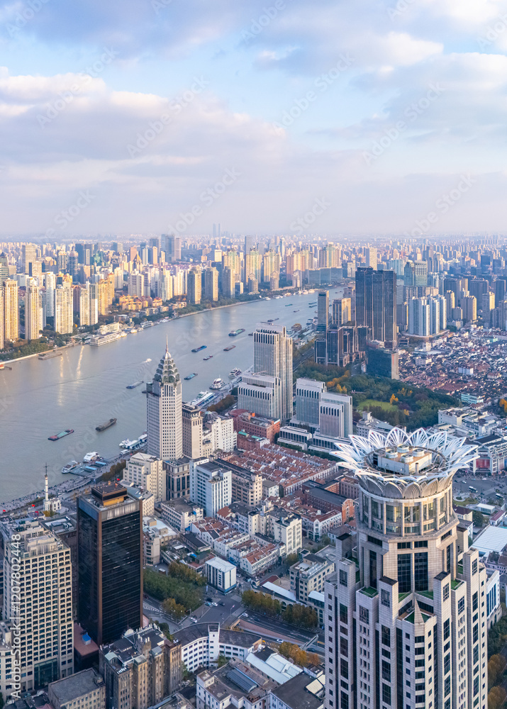Fototapeta premium Aerial View of Shanghai skyline with Huangpu river