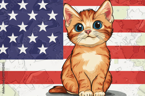 Cute Cartoon Cat Sitting in Front of a Bold American Flag with Stars and Stripes, Colorful and Eye-Catching Design for Celebratory Themes photo