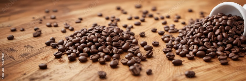 Aromatic coffee beans scattered on a wooden table , rustic, wood, warm Aromatic coffee beans scattered on a wooden table , rustic, wood, warm
