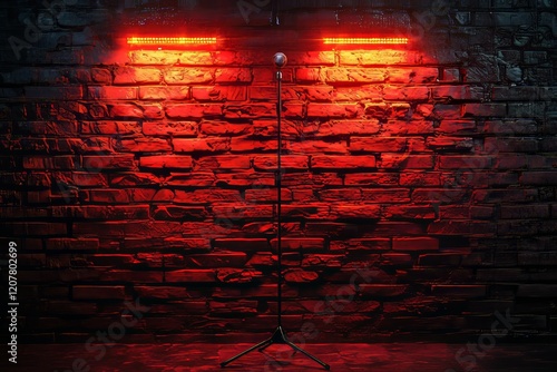 A stage set for an open mic comedy event, with a brick wall and red curtains, intended for a stand-up comedy show poster, centered around a microphone stand.
