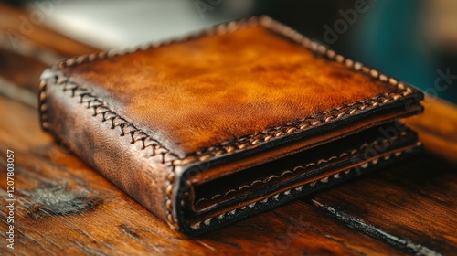 Elegant leather wallet resting on a wooden table in a cozy cafe during daylig...