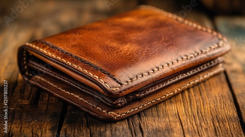 Rustic leather wallet resting on a weathered wooden surface in soft natural l...