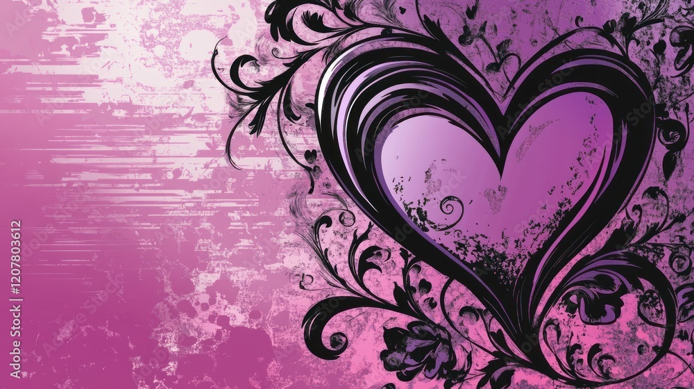 Romantic Purple Heart with Floral Design and Grunge Texture
