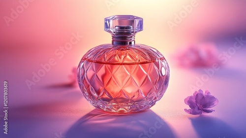 Elegant crystal perfume bottle with pink liquid against a colorful blurred ba...