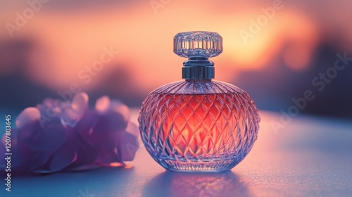 Elegant glass perfume bottle against a vibrant sunset backdrop with floral ac...