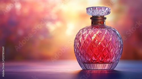 Elegant glass perfume bottle against a vibrant sunset backdrop with floral ac...