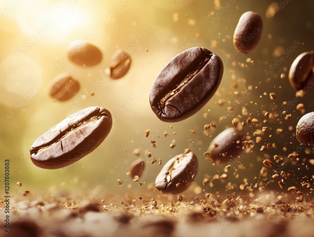 Freshly roasted coffee beans floating in air, surrounded by ground coffee particles, create dynamic and aromatic scene that captures essence of coffee Freshly roasted coffee beans floating in air, surrounded by ground coffee particles, create dynamic and aromatic scene that captures essence of coffee