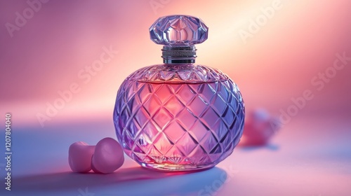 Elegant glass perfume bottle against a vibrant sunset backdrop with floral ac...