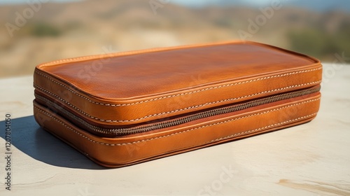 Stylish brown leather case resting on a stone surface with a scenic background