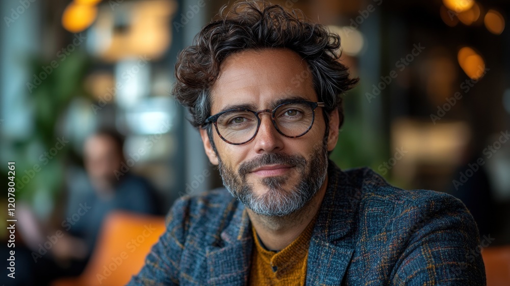 Fototapeta premium Portrait of a Confident Man with Glasses in a Modern Cafe Setting, Smiling Warmly