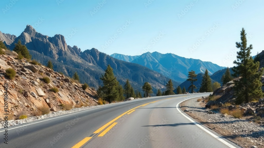 Fototapeta premium An empty stretch of asphalt road winding its way through a rugged mountainous terrain with rocky outcroppings and pine trees in the foreground under a clear blue sky, solitude, asphalt road