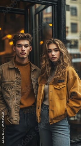 Man and woman stand together on city street during autumn with vibrant foliag...