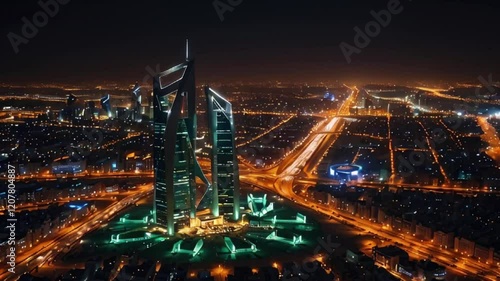 Wallpaper Mural An aerial night view of two towering, uniquely designed buildings, surrounded by illuminated city streets. Torontodigital.ca