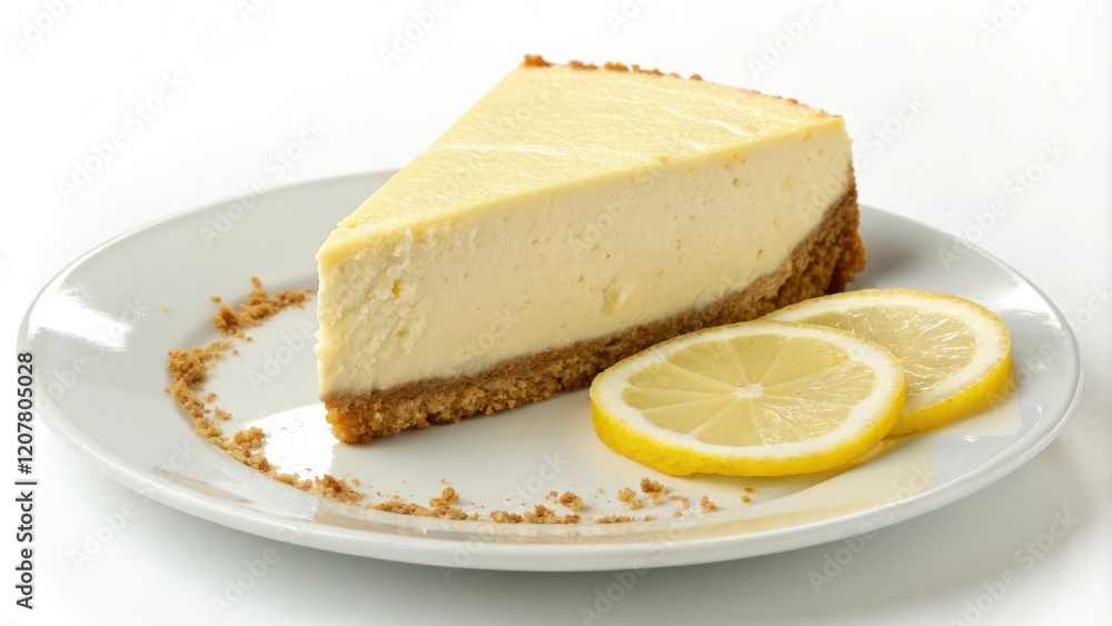 Classic cheesecake sitting alone on a white plate with a slice of lemon on the side, sophisticated-chef-display-stage, classic-cheesecake-plate Classic cheesecake sitting alone on a white plate with a slice of lemon on the side, sophisticated-chef-display-stage, classic-cheesecake-plate