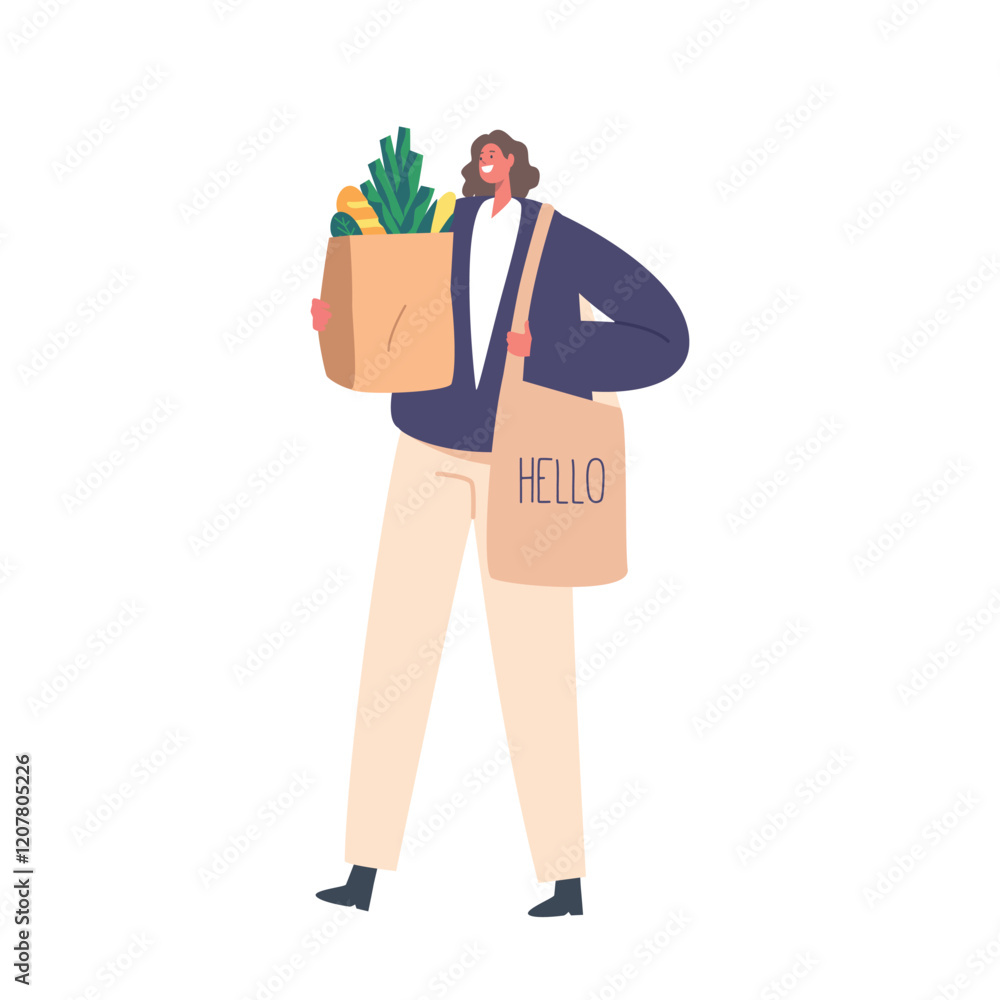 Female Character Holding Shopping Bags Filled With Vegetables, Fruits, And Baked Products. Woman with Fresh Foods Female Character Holding Shopping Bags Filled With Vegetables, Fruits, And Baked Products. Woman with Fresh Foods