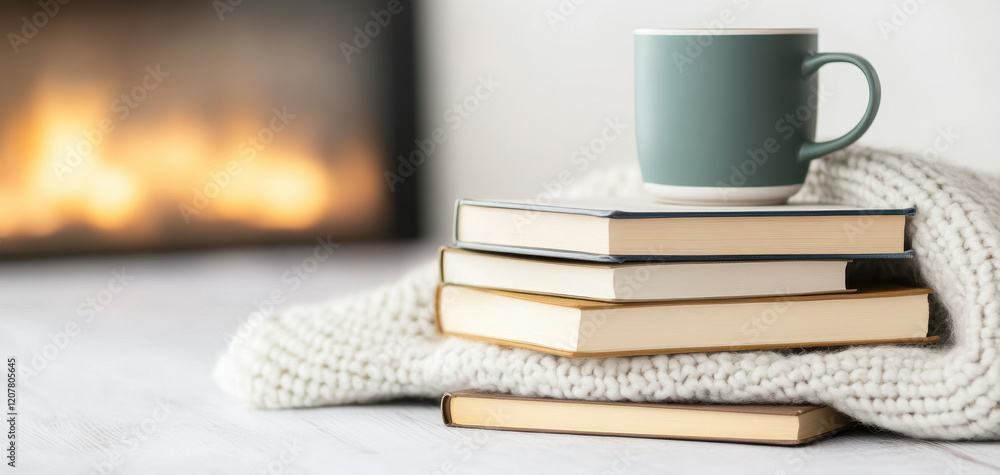 Cozy fireplace scene with stack of books and warm cup, inviting relaxation and comfort. Perfect for peaceful reading atmosphere Cozy fireplace scene with stack of books and warm cup, inviting relaxation and comfort. Perfect for peaceful reading atmosphere