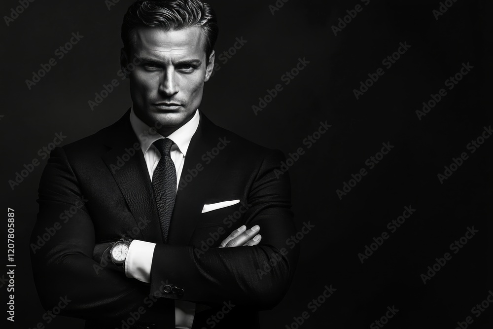 Confident businessman in a tailored suit poses near a modern building during the day Confident businessman in a tailored suit poses near a modern building during the day