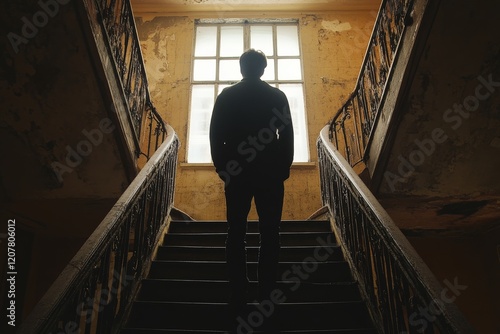 Person standing at the top of an old staircase with a round window casting li...