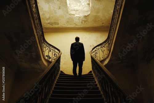 Person standing at the top of an old staircase with a round window casting li...