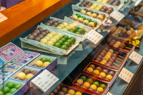 View of Classic Japanese Mochi Sweets in shop in the Gion District, Kyoto, Kansai, Honshu, Japan photo