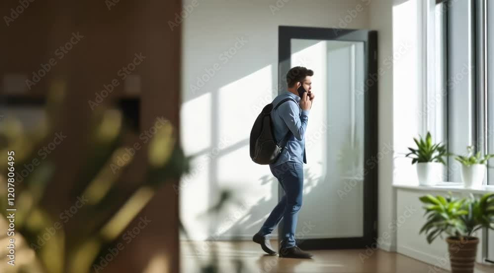 Man with Backpack Talking on Phone Near Window in Sunny Room - Office Scene Man with Backpack Talking on Phone Near Window in Sunny Room - Office Scene