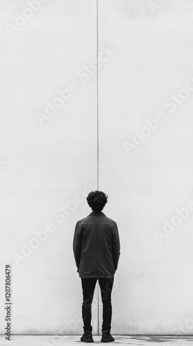 Man stands confidently against a textured gray wall wearing a simple white t-...