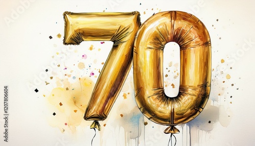 Gold birthday / anniversary party balloon, number 70, watercolor painting with white background
