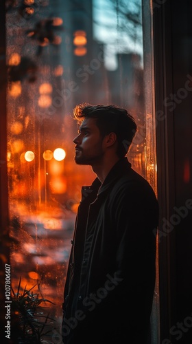 Young man gazes out a window during sunset in an urban setting with warm city...