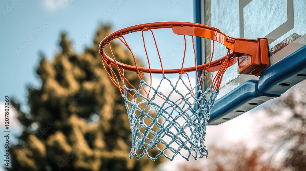 Outdoor basketball hoop, net, trees, sunny day, game Outdoor basketball hoop, net, trees, sunny day, game