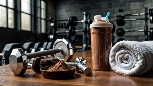 Shaker with chocolate colored protein shake on gym bench next to towel
